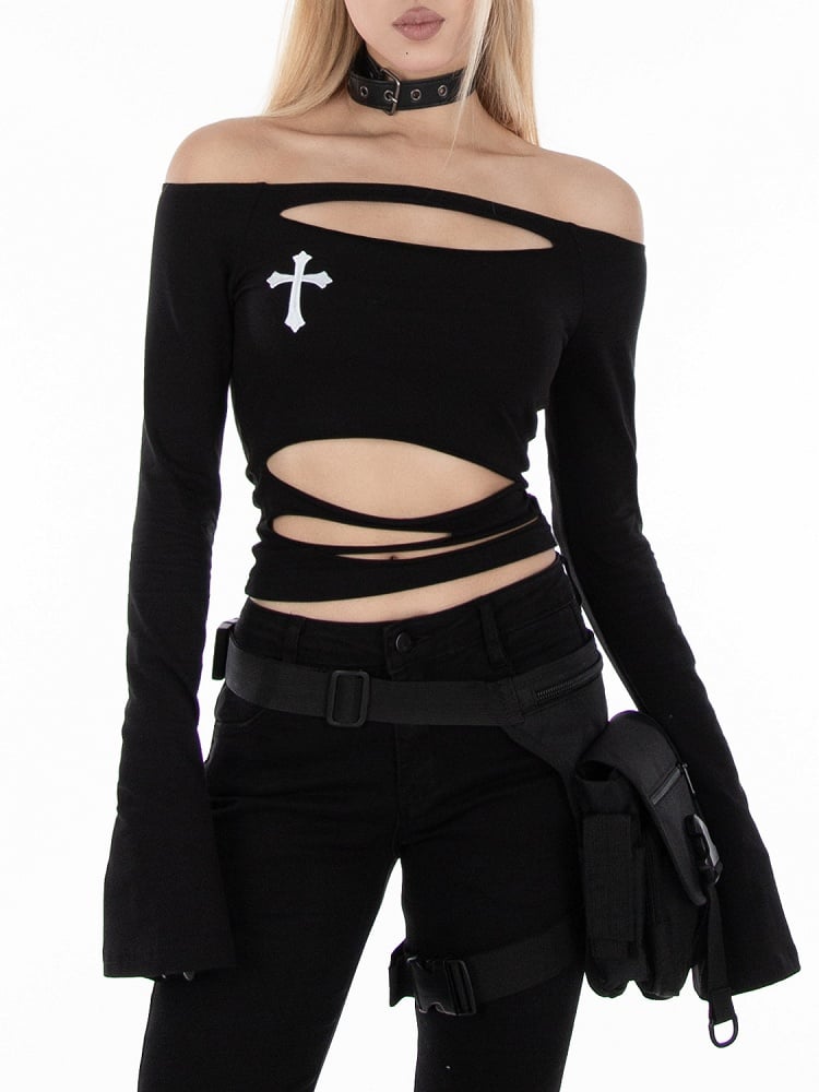 Top Black Off-Shoulder Punk with Distressed Rock Holes