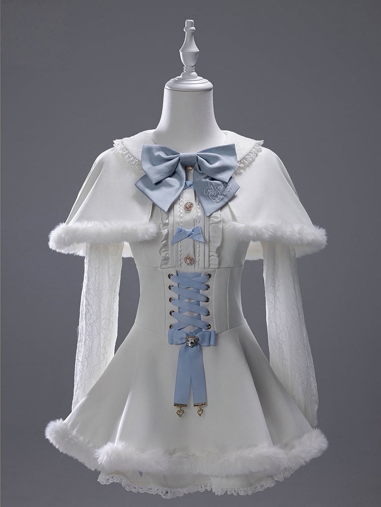 White Landmine Dress Blue Matching Shorts Plush Set Bunny Bow Ear Brooch Style Full Cape Lace +