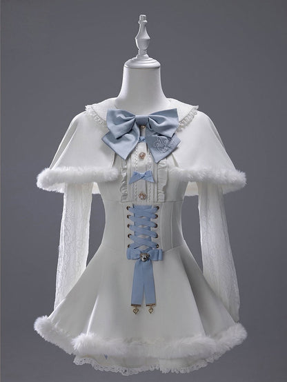 White Landmine Dress Blue Matching Shorts Plush Set Bunny Bow Ear Brooch Style Full Cape Lace +