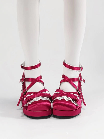 Bow Heel - Heart Satin with in High Janes Red Themed Accents Sakura Snap Block Mary