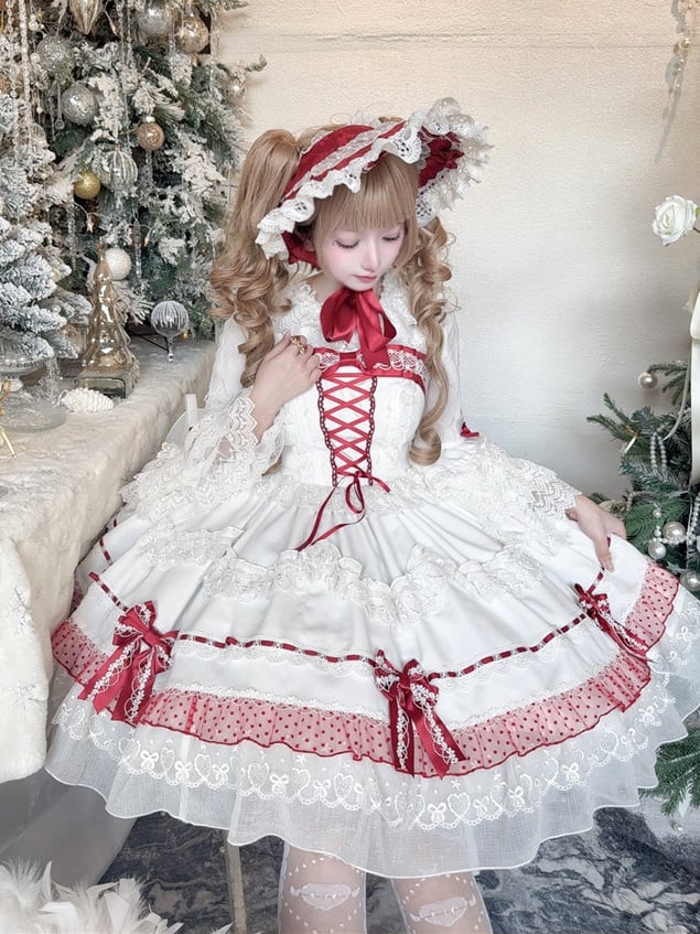 Weiß und Weinrot Schnürung Schleife Akzente Spitzenbesatz Süßes Prinzessinnenkleid Lolita Pulloverrock