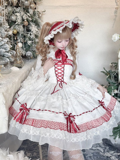 Weiß und Weinrot Schnürung Schleife Akzente Spitzenbesatz Süßes Prinzessinnenkleid Lolita Pulloverrock
