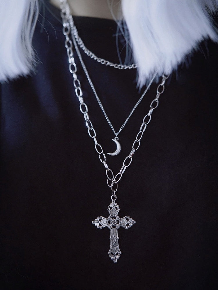Silver Gothic Layered Necklace with Cross & Moon Charms - Strange Sugar