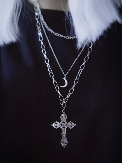Silver Gothic Layered Necklace with Cross & Moon Charms - Strange Sugar