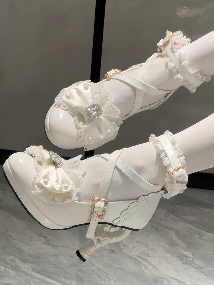 Shoes Off-white Bead - Princess Style Accent High-heel Bow Rhinestone