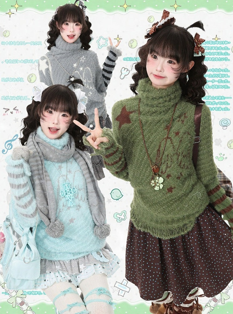 Cool Season Kawaii Gray Asymmetric Faux Mohair Star Wing Sweater - Languid Park