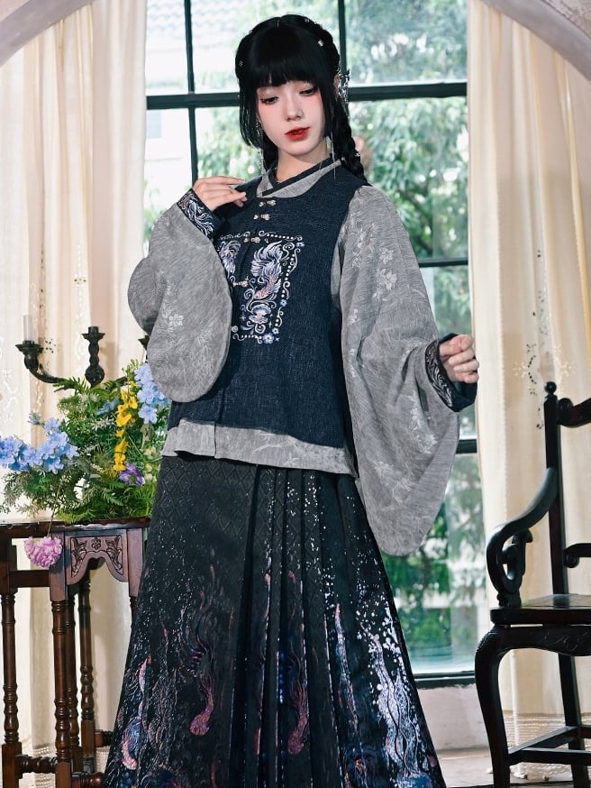 Chinese Vest Neck - Buttons Style Square Beaded Goldfish Navy Embroidery with Blue