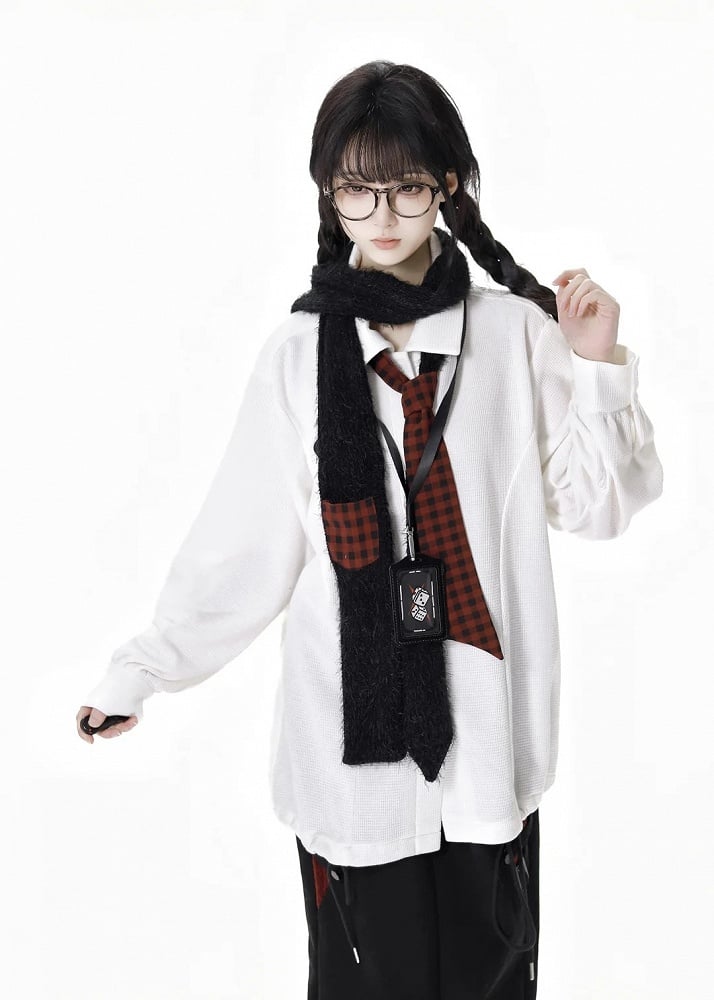 White Long-Sleeve Drawstring-Hem Shirt with Red Plaid Tie