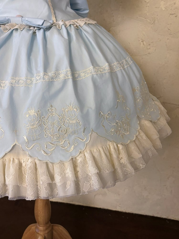Blue Old School Lolita Cotton OP Dress with Embroidered Scallop Trim Skirt - Secret Tea Party