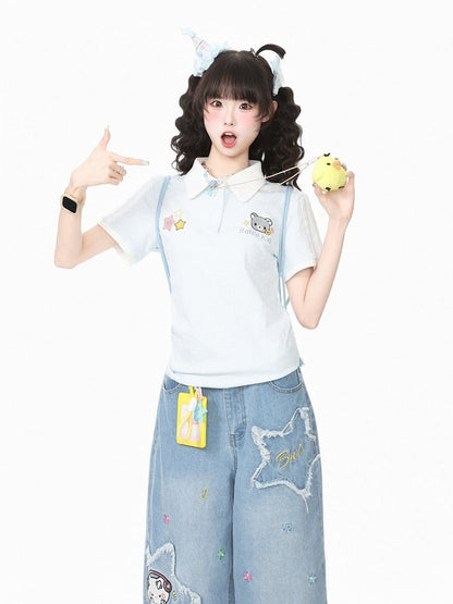 Blue Polka-Dot Tee with Bear Embroidery & Chick Charm - Languid Park