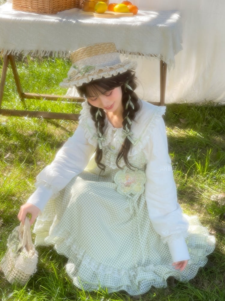 Green and White Plaid Ruffle Hem Overalls Mori Kei Dress