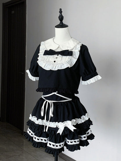 Black & White Peter Pan Collar Top + Tiered Skirt Set - Bug Starting