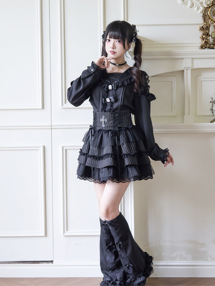 Black Rhinestones Bowknots Blouse Jirai Kei Sailor Collar Ruffled Lace Trim
