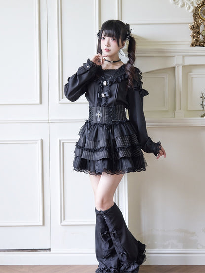 Black Rhinestones Bowknots Blouse Jirai Kei Sailor Collar Ruffled Lace Trim