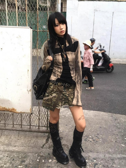Y2K Punk Design Autumn Cross Top Winter for Khaki Knit