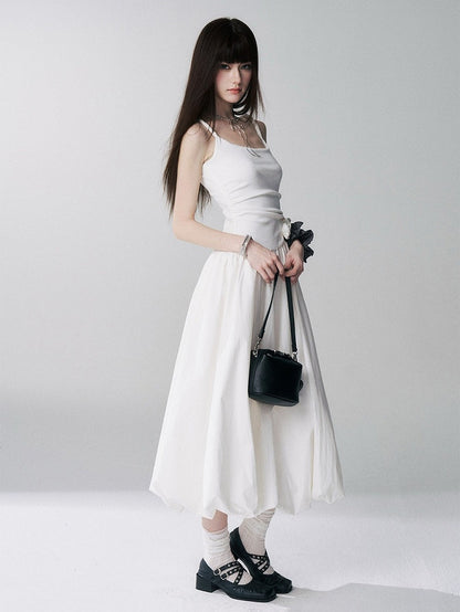 Spaghetti Strap Bubble Dress with 3D Roses in Beige - Lady Ghost