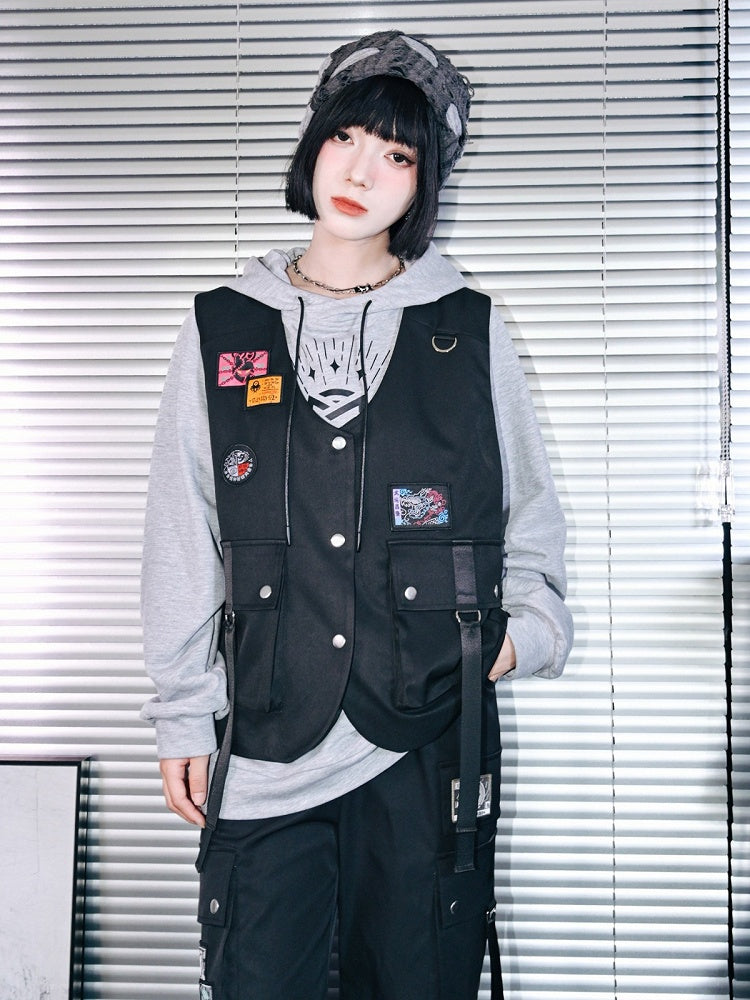 Dark Style Black Cargo Pocket Vest Decorated with Patches - Quirky Hut