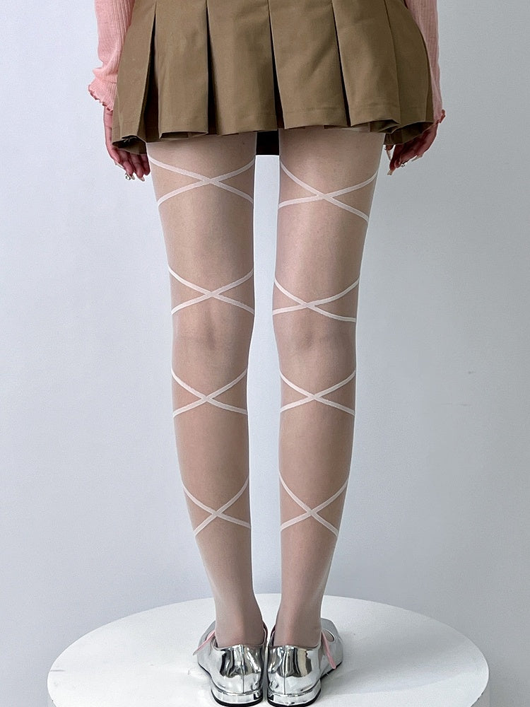 Nude/White Bowknot Print Crisscorss Banded Tights