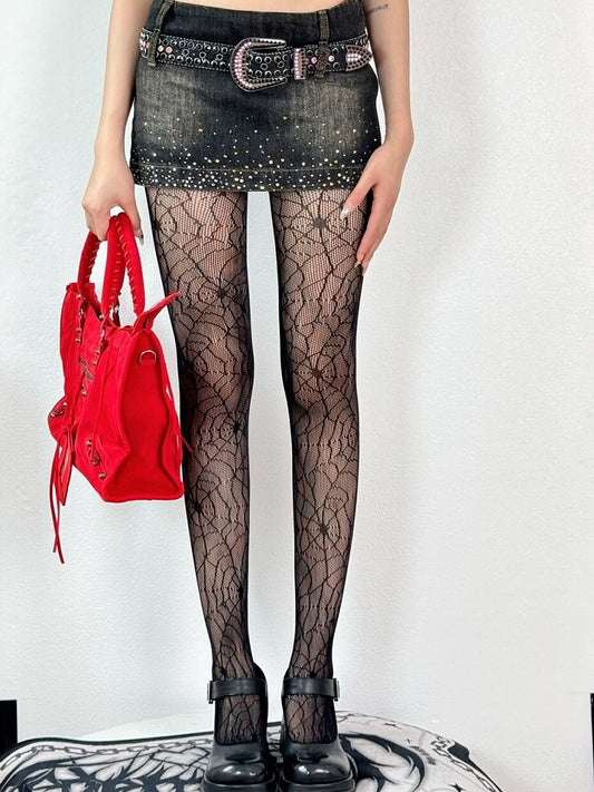 Black Punk Wasteland Spiderweb Tights Details