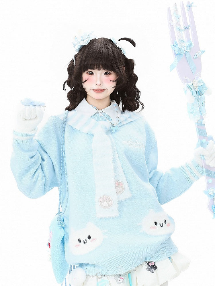 Sweater Scarf Paw Striped with Kawaii Pattern Cat Apricot/Black/Blue Embroidery Daily