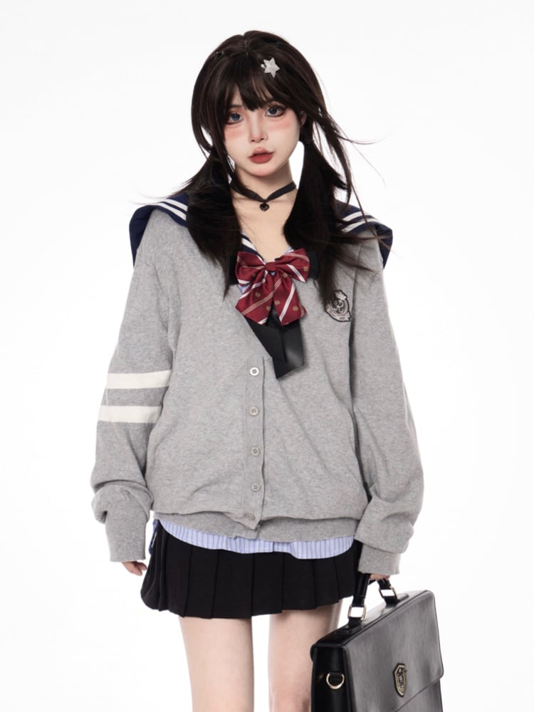 Strickjacke für JK Uniform Preppy Schwarz/Grau V-Ausschnitt Herbststil