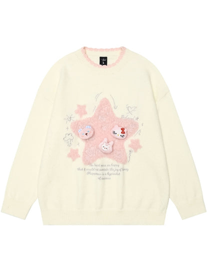 ライトブルー/ライトイエローの星のアップリケがキュートな猫ちゃんをあしらったゆったりセーター