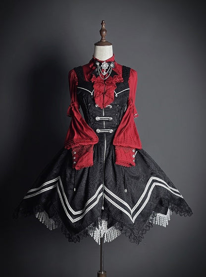 Ruffled Tie Bow Lace and Red with Neckline Lolita Blouse Long-sleeved Details