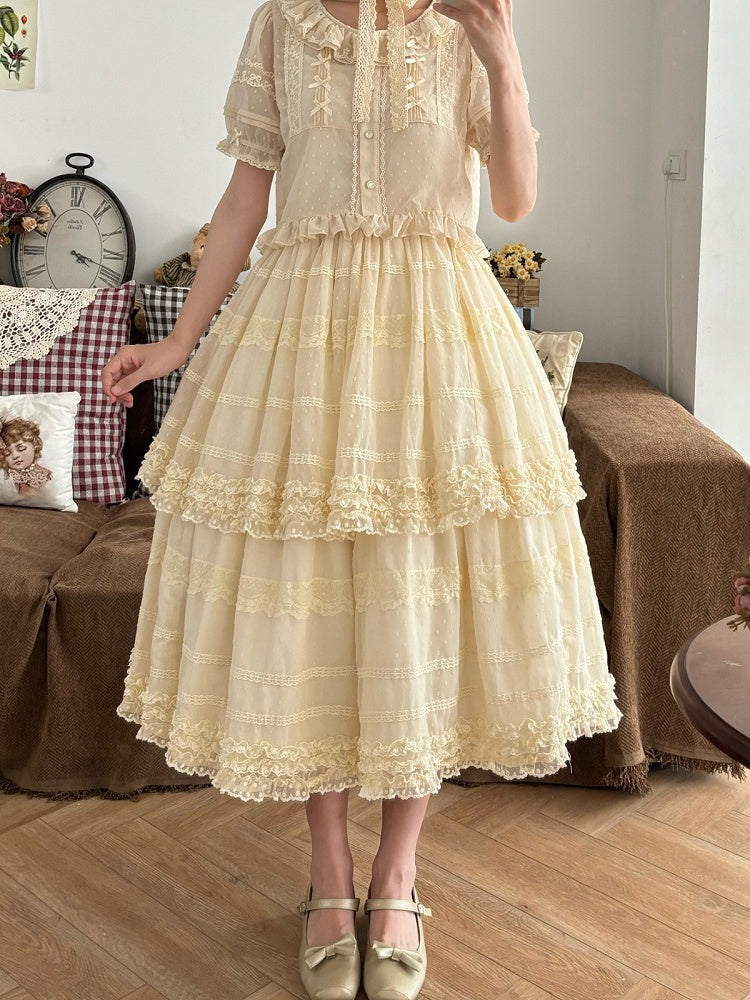 Beige Layered Polka-Dot Lace Skirt - Hana Studio