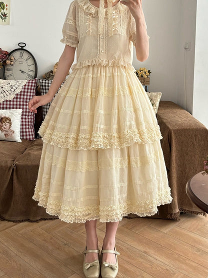 Beige Layered Polka-Dot Lace Skirt - Hana Studio