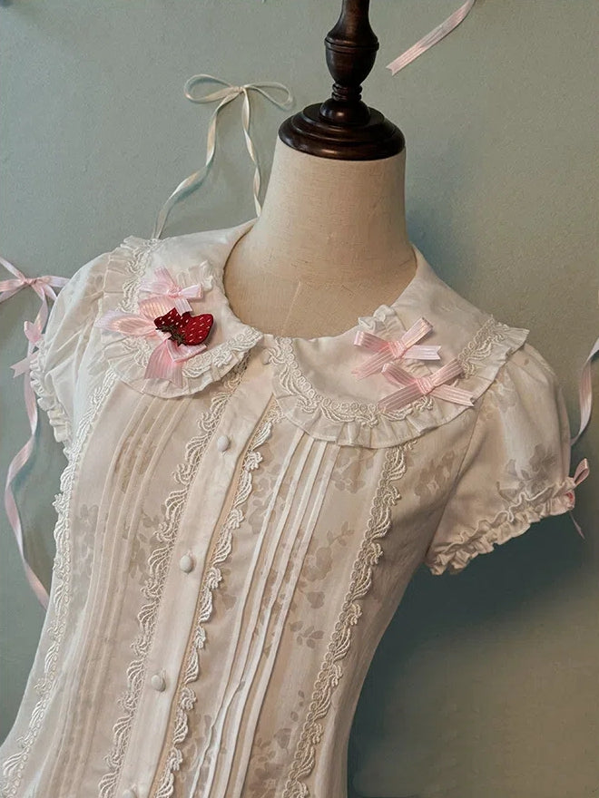 Peter Ärmel Verzierter Kragen Pan Puff Bluse Schleifen Weiß Rosa