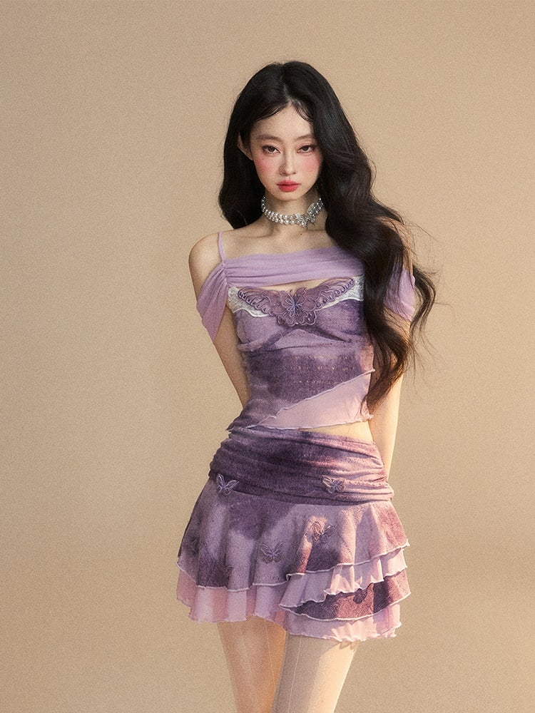 Ausschnitt Schmetterling Stickerei Top/Schmetterling Akzente Applikation Glamourös Stufenrock Lavendel Off-the-shoulder