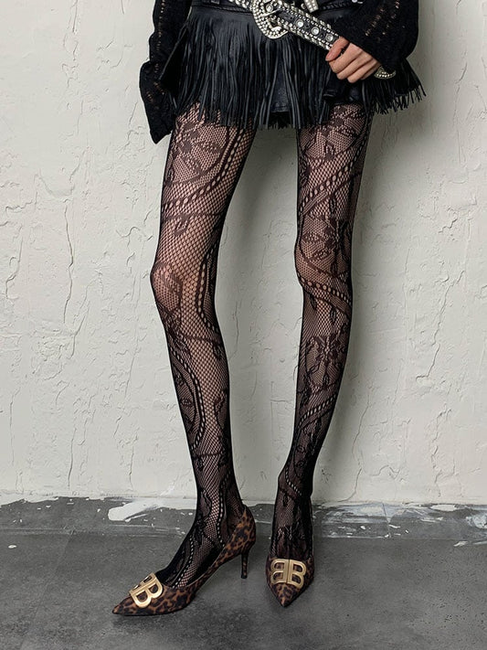 ブラック Y2K 花柄 フィッシュネットタイツ