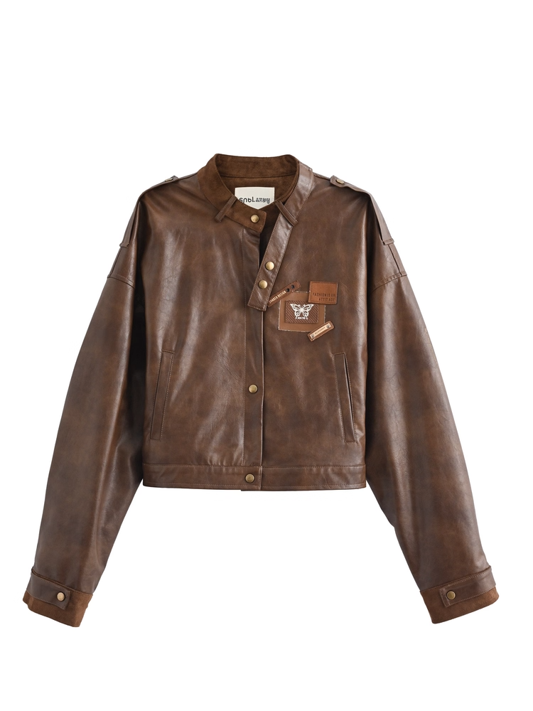 Brown Badge Autumn for Appliques Vintage PU Jacket