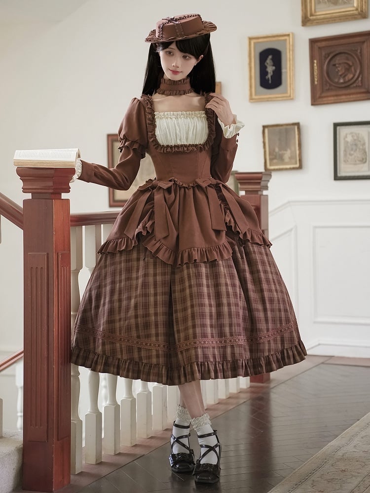 Neckline Lollita Plaid Square Long Dress Elegant Coffee Version Classic