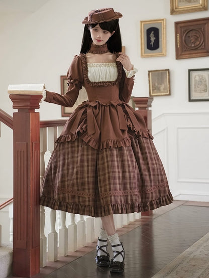 Neckline Lollita Plaid Square Long Dress Elegant Coffee Version Classic