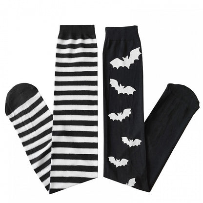 White Pattern Striped Black Halloween Stockings Design Gothic Asymmetrical Bat