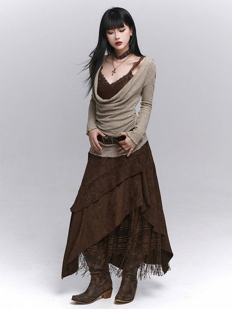 Suede Skirt Handkerchief Coffee Fringe Wasteland Punk A-Line Millard Hem with