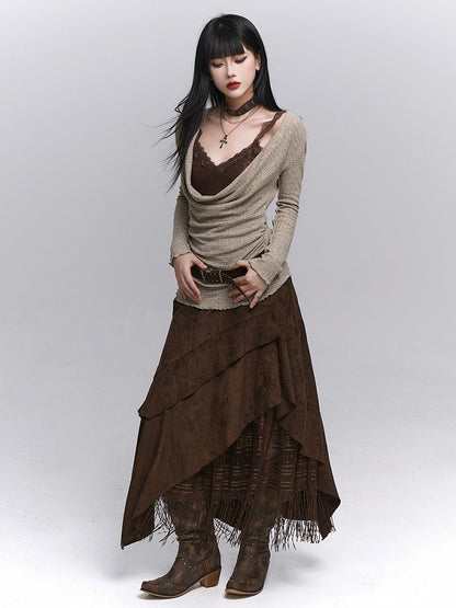 Suede Skirt Handkerchief Coffee Fringe Wasteland Punk A-Line Millard Hem with