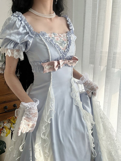 Blue Slim Fit Waist Floral Square Neckline Elegant Lolita Empire Dress BE005