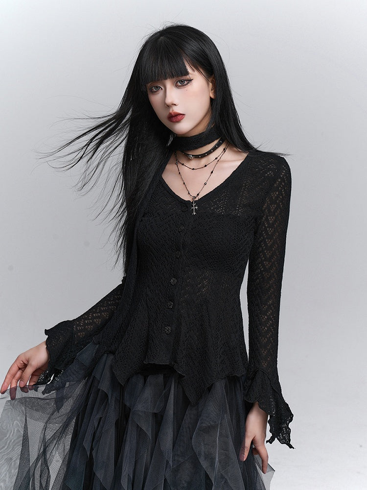 Hem Gothic Neck Irregular Strap with Cardigan Black Knit