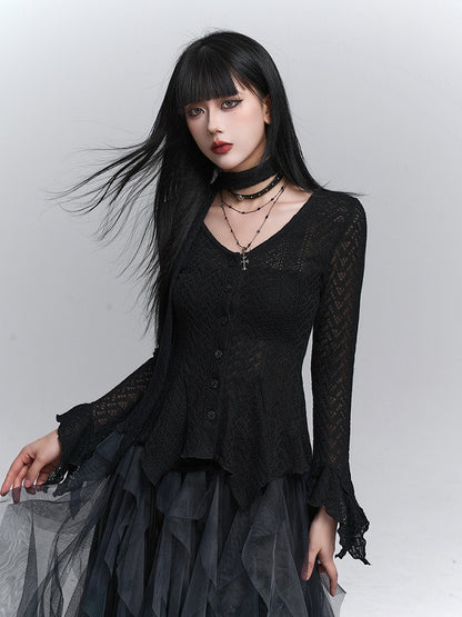 Hem Gothic Neck Irregular Strap with Cardigan Black Knit