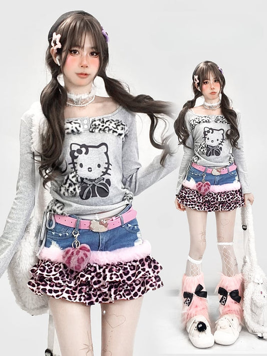 Graues Top mit Cartoon-Print, quadratischem Ausschnitt und Leopardenbesatz