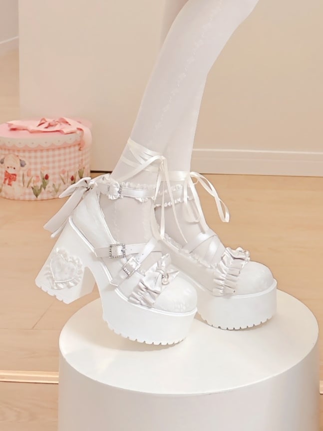 Gather Mary Rhinestone Accents Off-white Heel Edging High with Janes Clasp Block - Bow