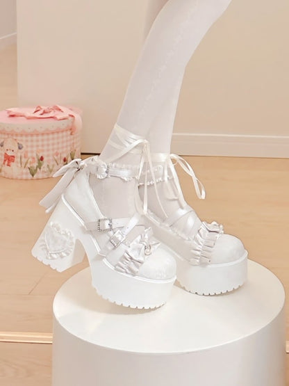 Gather Mary Rhinestone Accents Off-white Heel Edging High with Janes Clasp Block - Bow