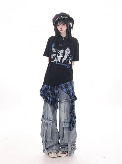 Punk Kawaii Black Round Neck Short Sleeve T-shirt with Portrait Print - KNOW8 Online Shop