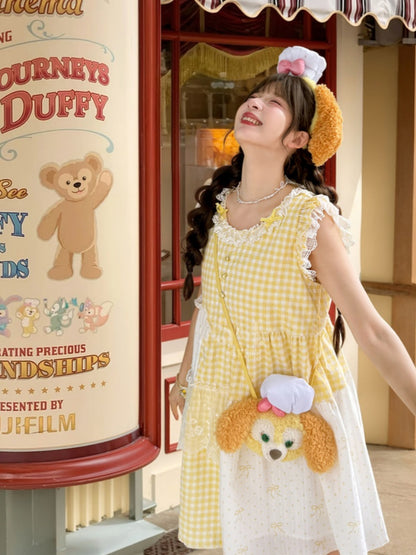 Plaid Dress Tiered Yellow Patchwork Design Flutter Sleeves Sweet