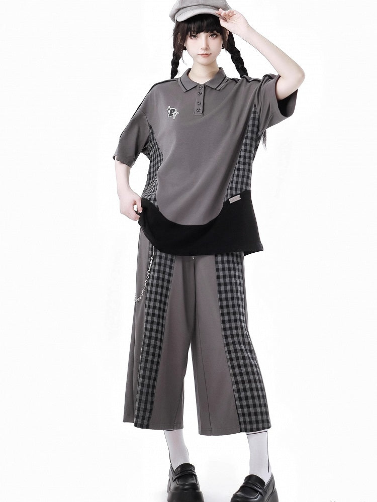 ジッパー付きグレーのチェック柄パッチワークドローストリングウエストパンツディテール