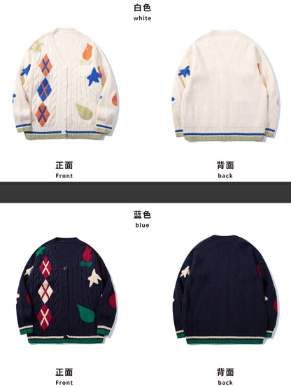 Christmas Milk White/Navy Blue Diamond Pattern V-neck Cardigan