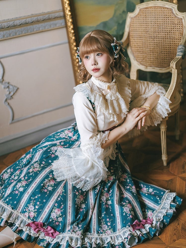 Refined Lolita Flounced Flare Sleeve Blouse with Pearl Buttons & Lace Trim - Miss Cube Dressworks