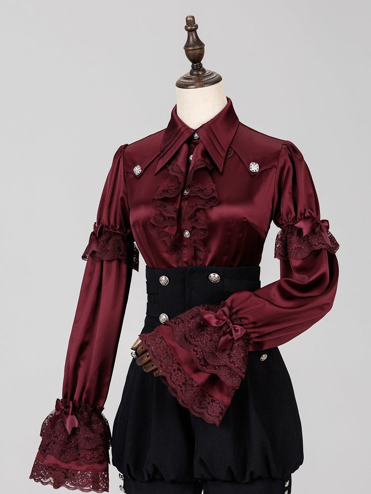 Gothic Satin Ruffle Blouse with Dramatic Collar and Lace Cuffs - DevilInspired Exclusive Collection